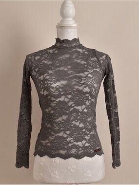 Charcoal Gray Lace Long-Sleeve High Neck Ballet Top